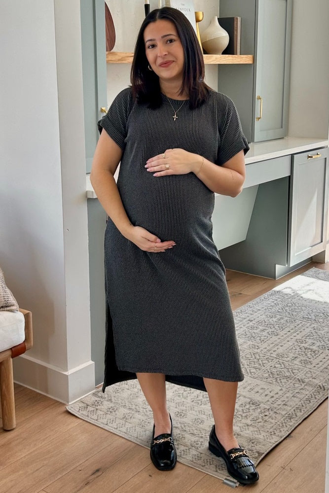 Charcoal Ribbed Short Sleeve Maternity Midi Dress