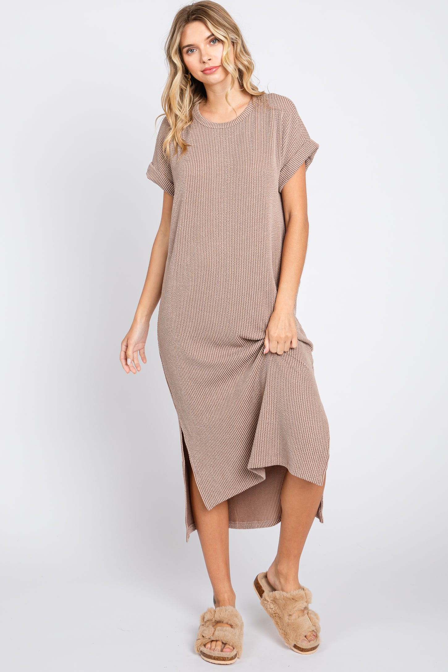Mocha Ribbed Short Sleeve Maternity Midi Dress