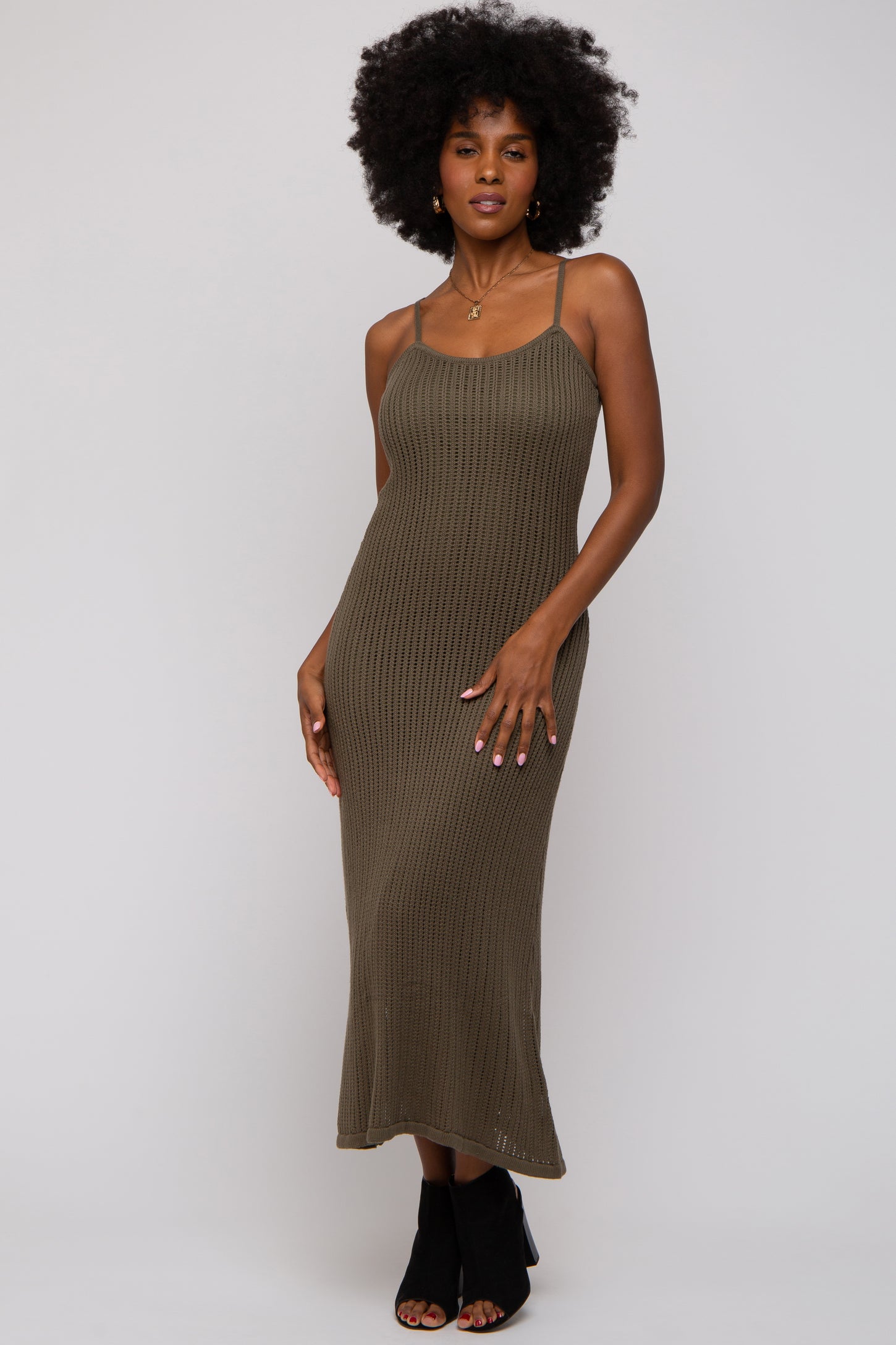 Olive Open Knit Crochet Midi Dress