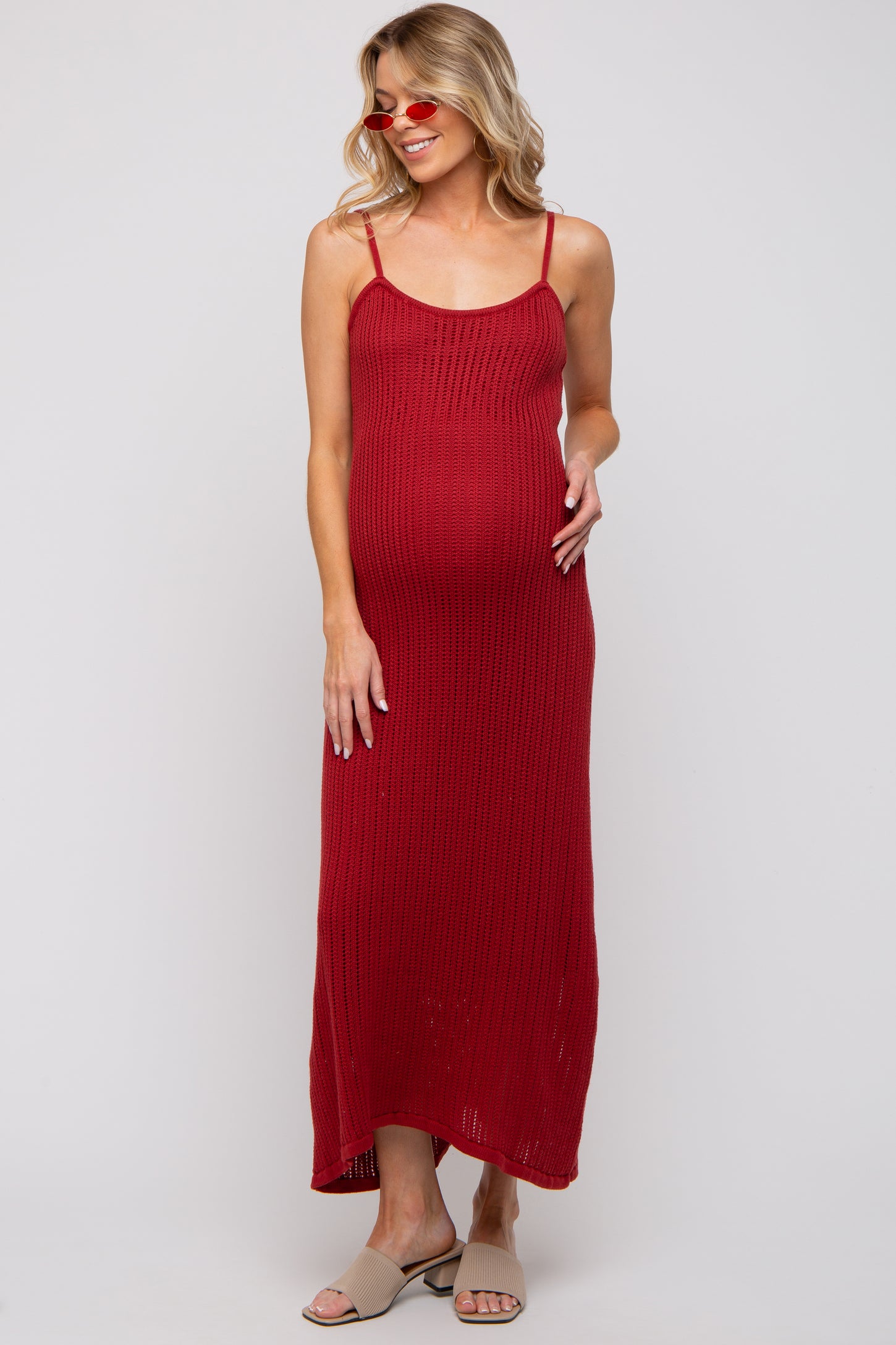 Rust Open Knit Crochet Maternity Midi Dress