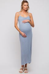 Light Blue Open Knit Crochet Maternity Midi Dress