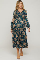 Teal Floral Long Sleeve Maternity Maxi Dress