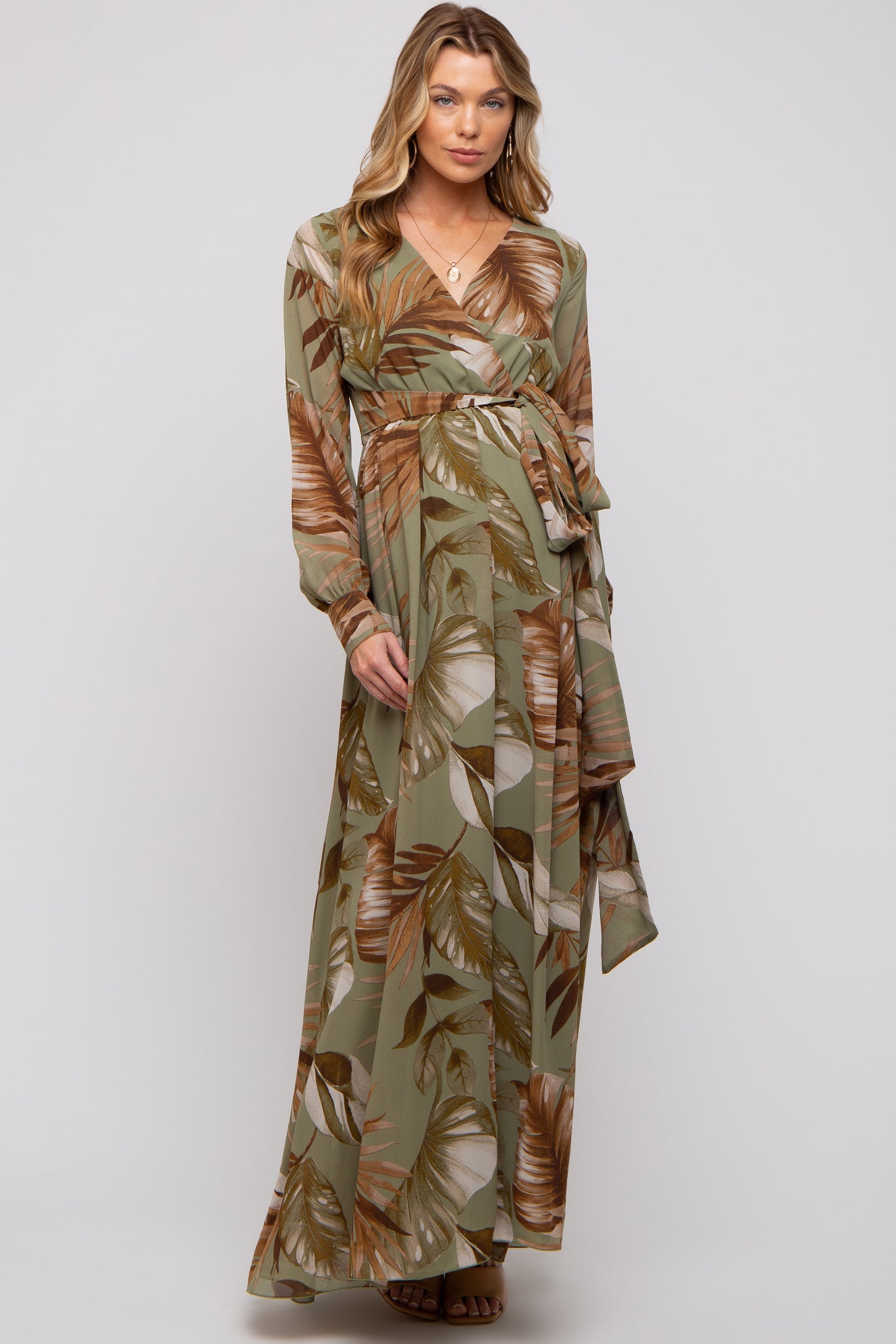 Olive Palm Print Chiffon Wrap Front V-Neck Long Sleeve Maternity Maxi Dress