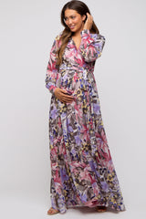 Mauve Floral Chiffon Wrap Front V-Neck Long Sleeve Maternity Maxi Dress