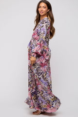 Mauve Floral Chiffon Wrap Front V-Neck Long Sleeve Maternity Maxi Dress