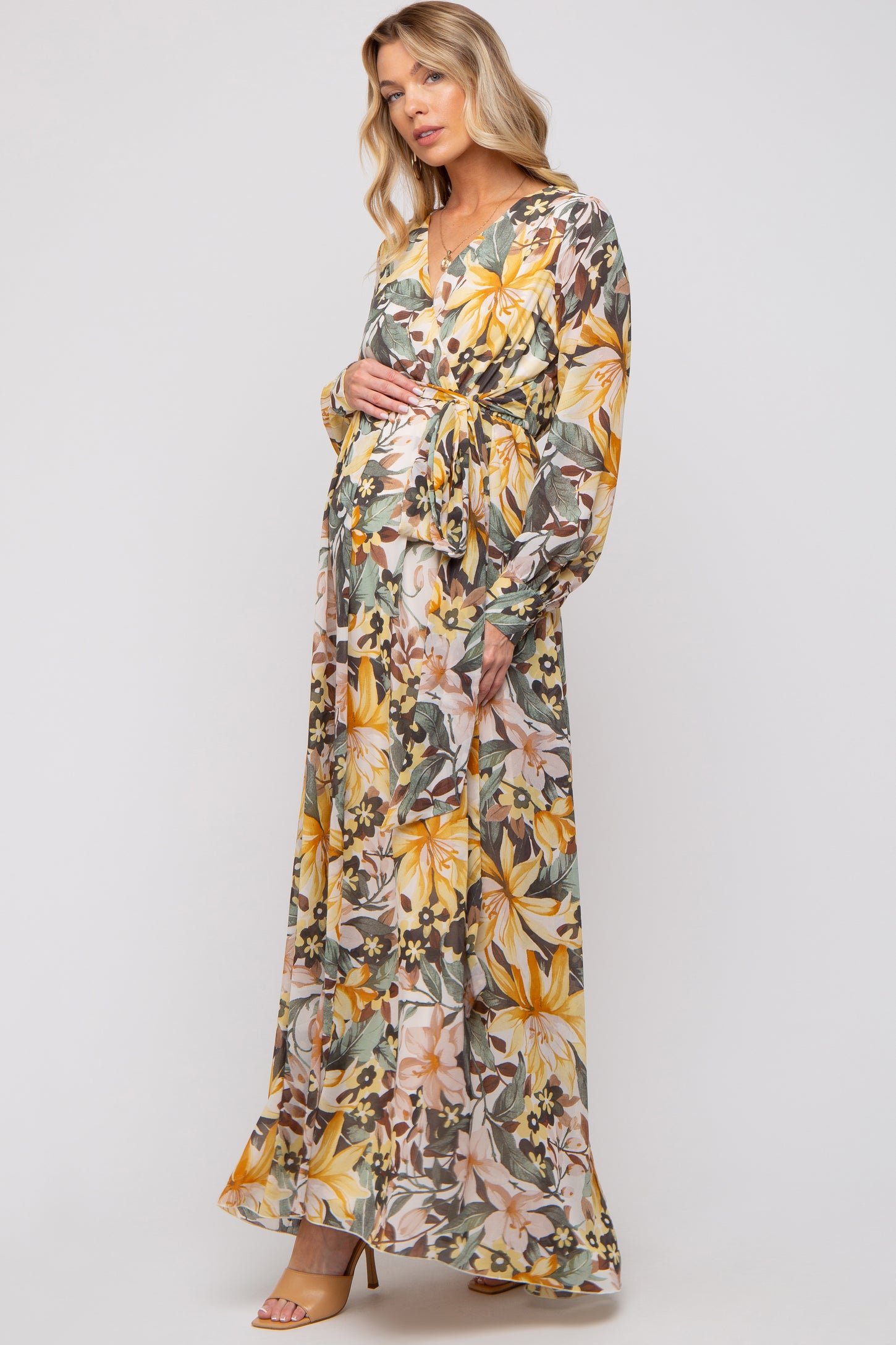 Yellow Floral Chiffon Wrap Front V-Neck Long Sleeve Maternity Maxi Dress