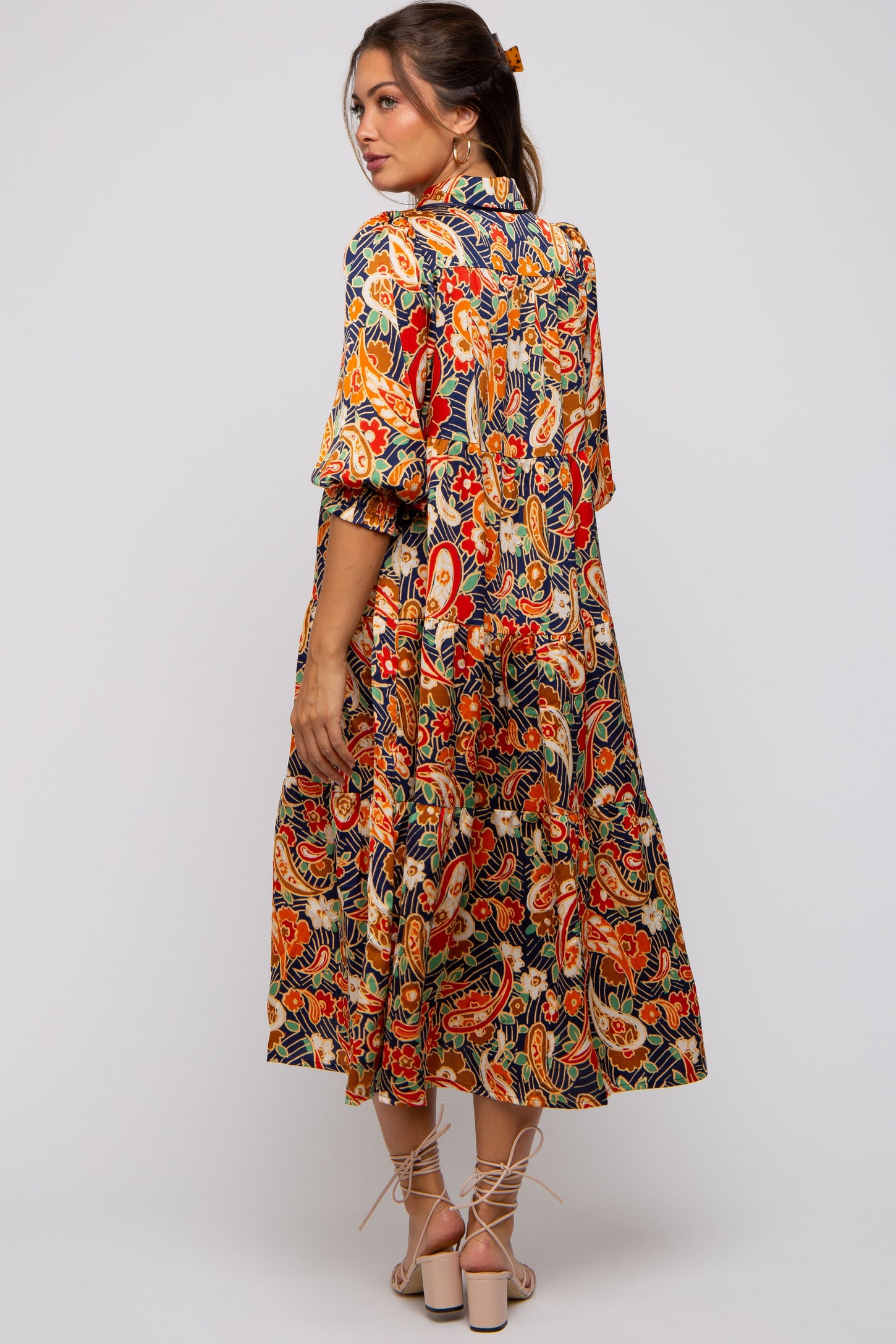 Navy Multicolor Floral Paisley Maternity Tiered Dress