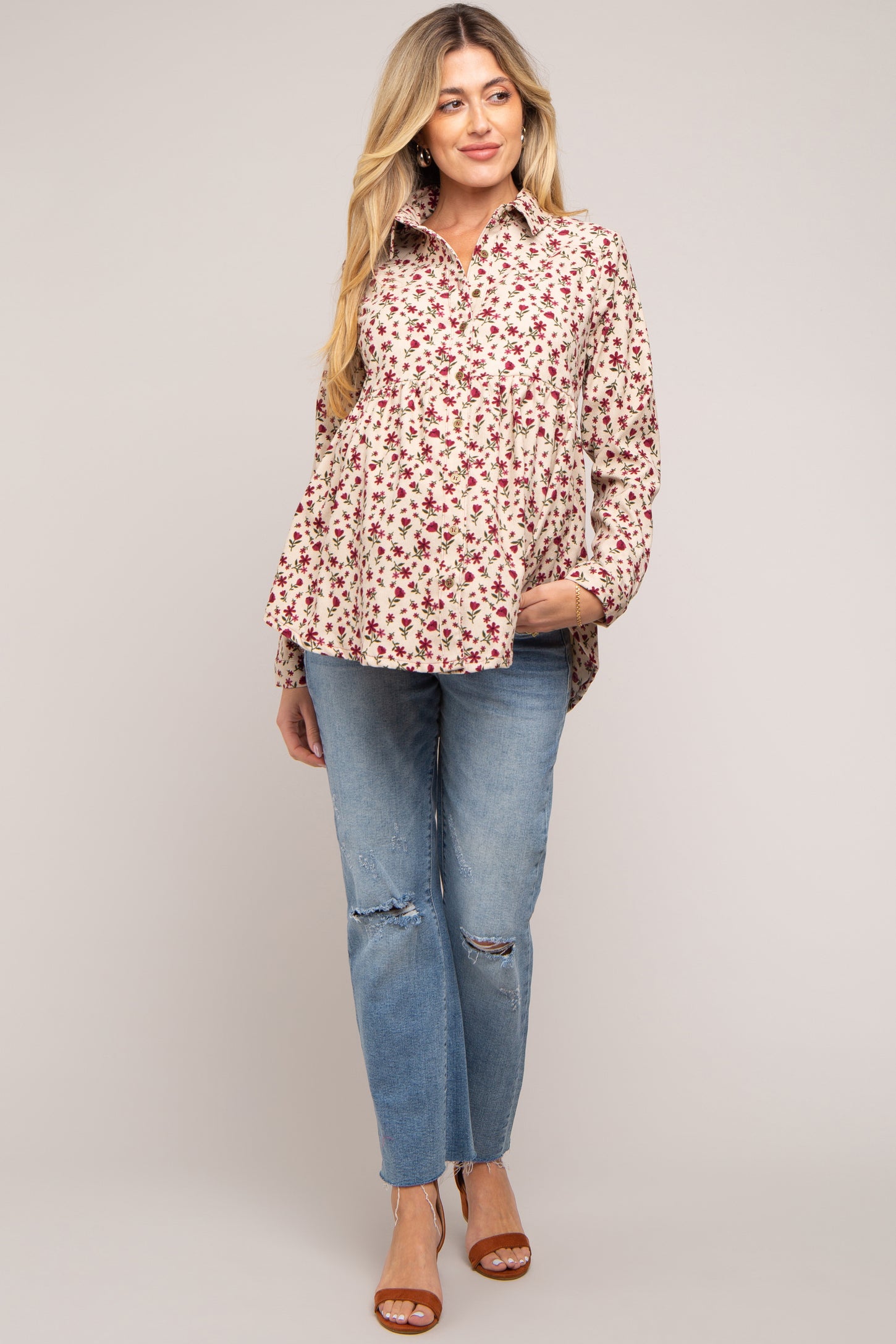 Cream Floral Corduroy Maternity Button Up Top