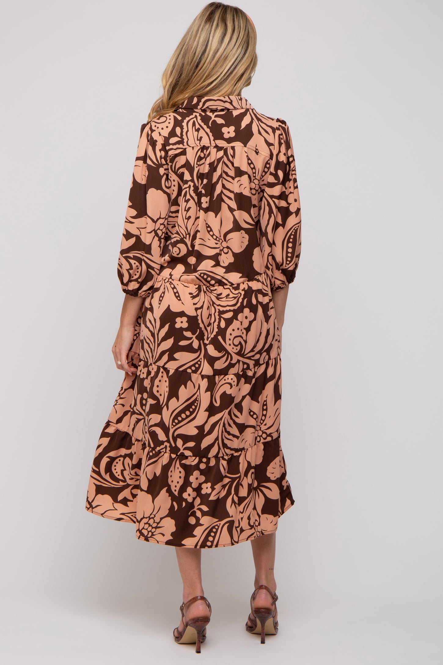 Brown Floral Collared Tiered Maternity Midi Dress