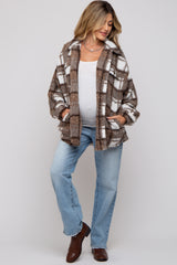 Brown Plaid Sherpa Maternity Jacket