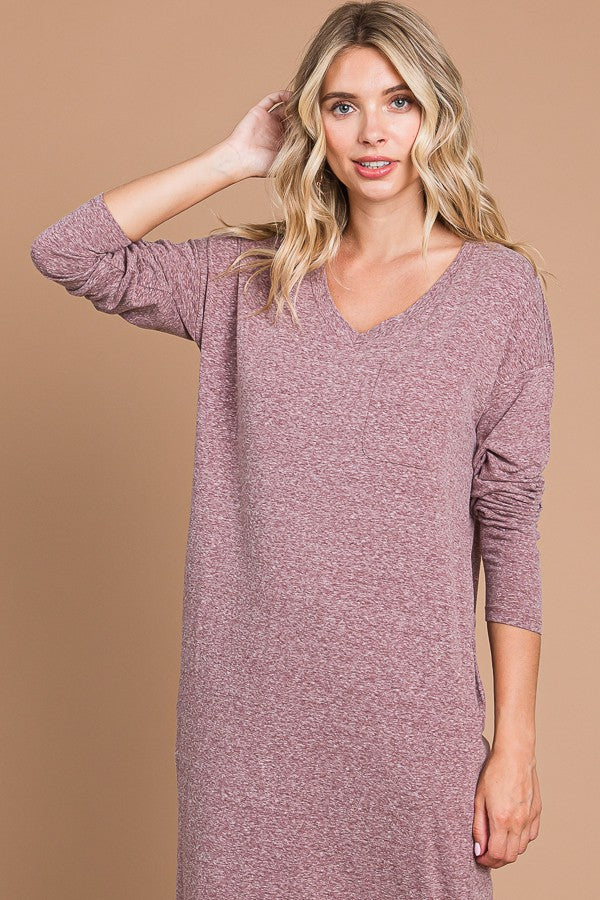 Plum Heathered Pocketed Long Sleeve Maxi Dress
