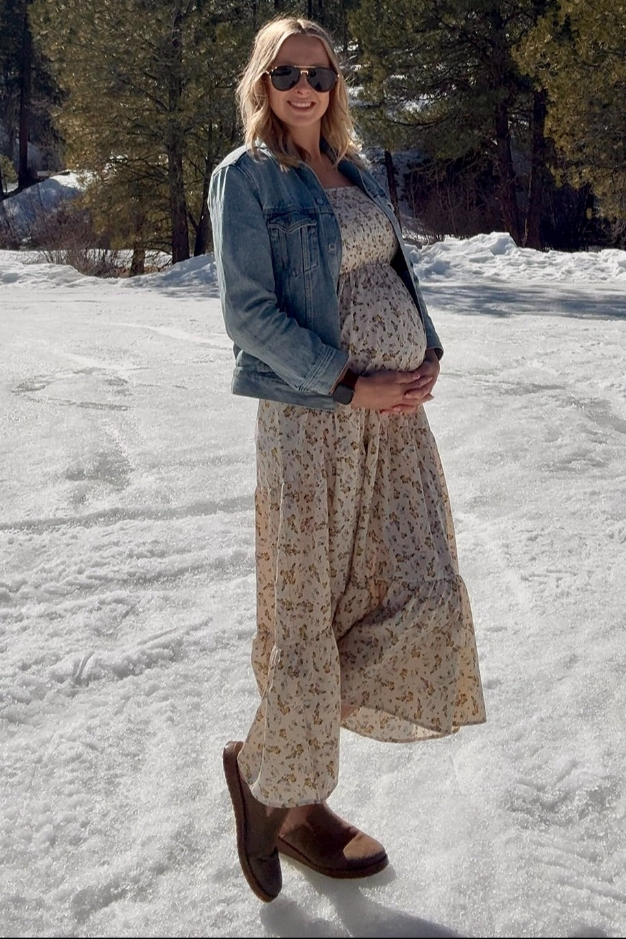 Cream Floral Smocked Long Sleeve Maternity Maxi Dress