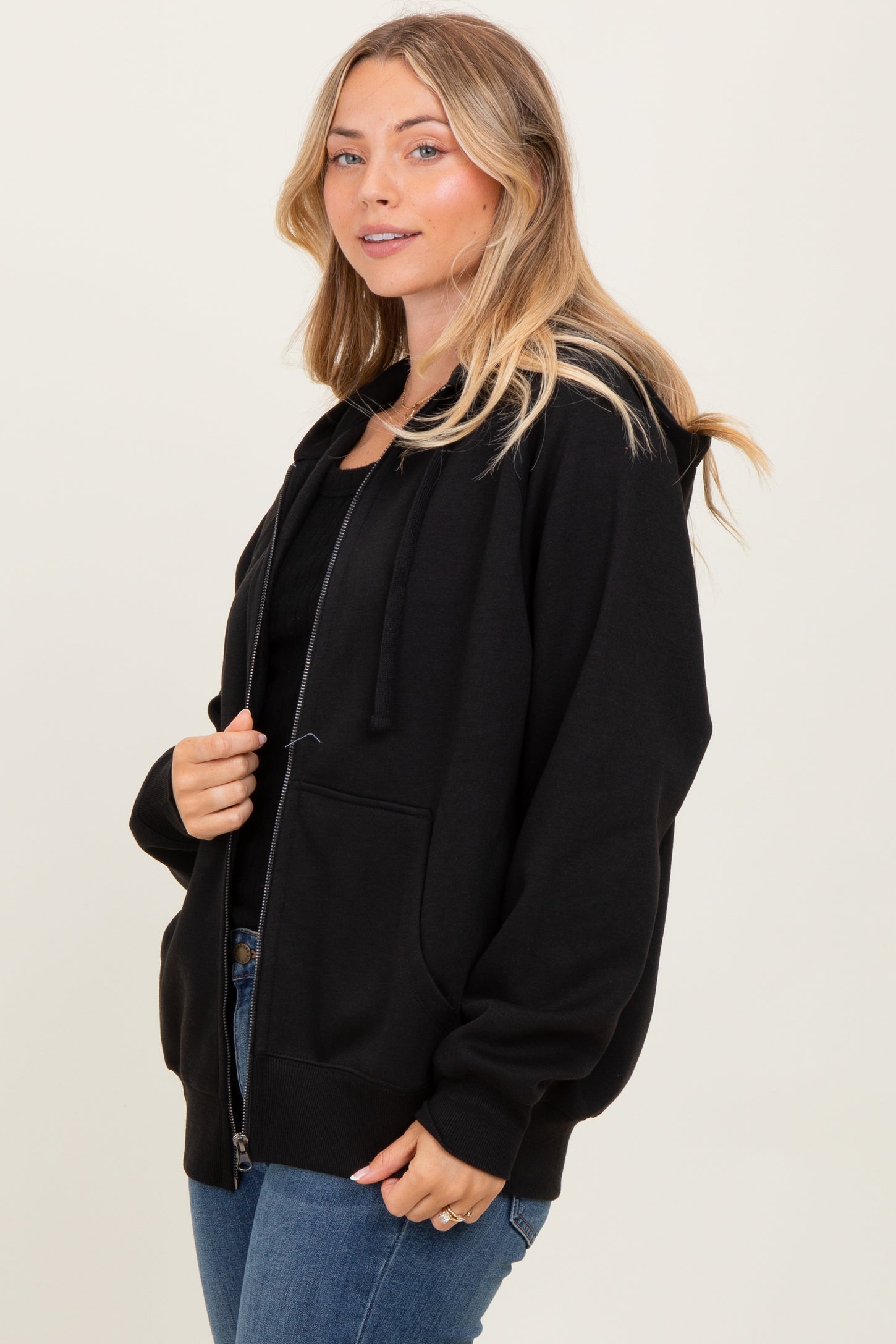 Black Front Zipper Hooded Sweater