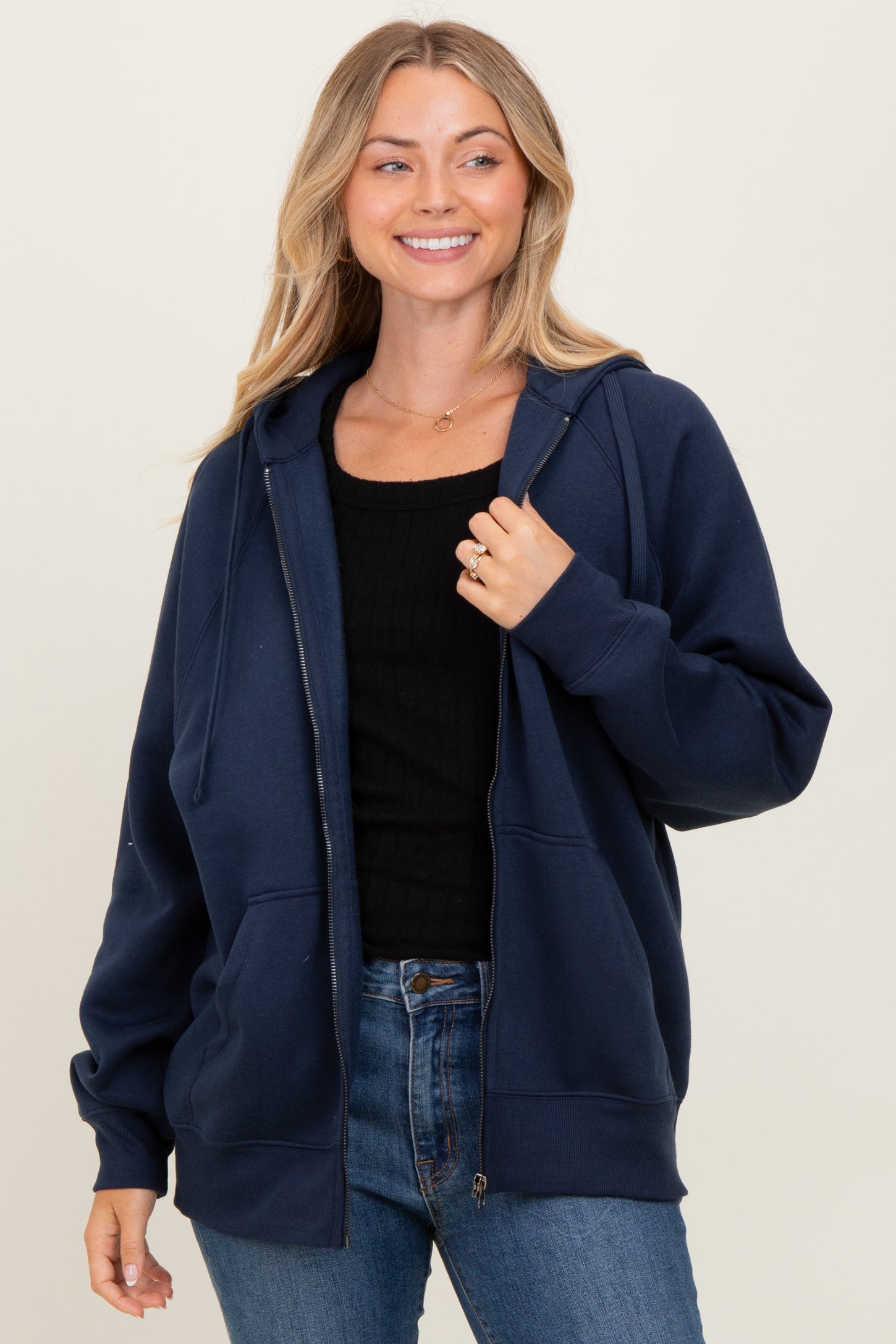 Navy Front Zipper Hooded Maternity Sweater