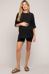 Black Ribbed Soft Short Sleeve Maternity Shorts Set