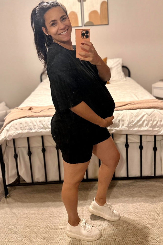 Black Ribbed Soft Short Sleeve Maternity Shorts Set