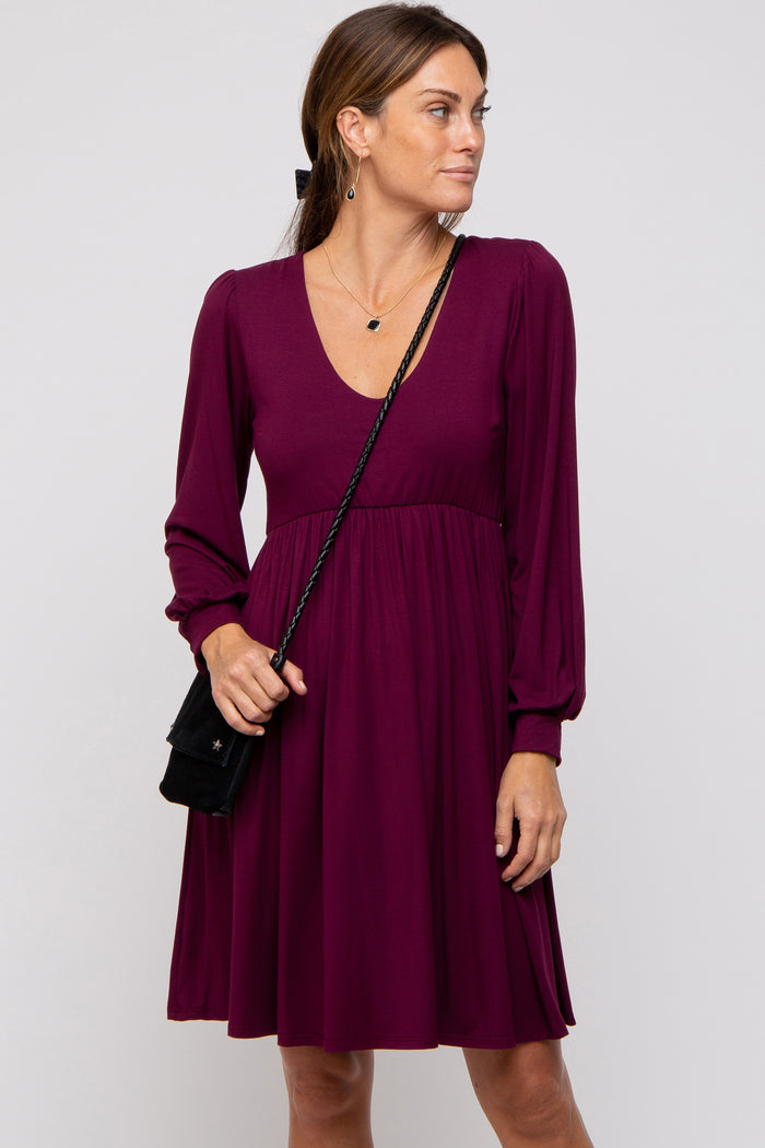 Burgundy Long Puff Sleeve Maternity Dress