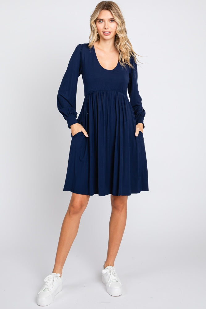 Navy Long Puff Sleeve Dress