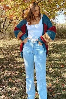 Teal Colorblock Chunky Cardigan