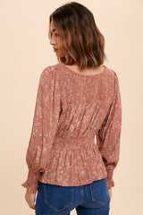Rust Smocked Button Front Peasant Top