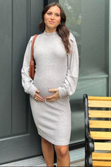 Heather Grey Ribbed Long Sleeve Mock Neck Maternity Dress