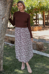 Brown Mock Neck Long Sleeve Rib Knit Sweater Top