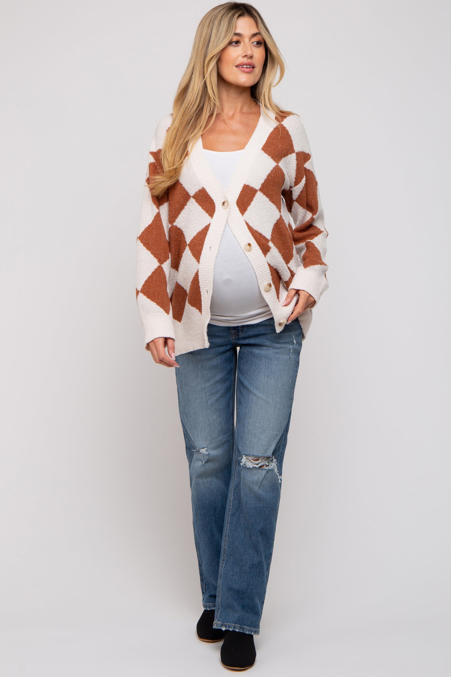 Camel Argyle Soft Knit Maternity Cardigan