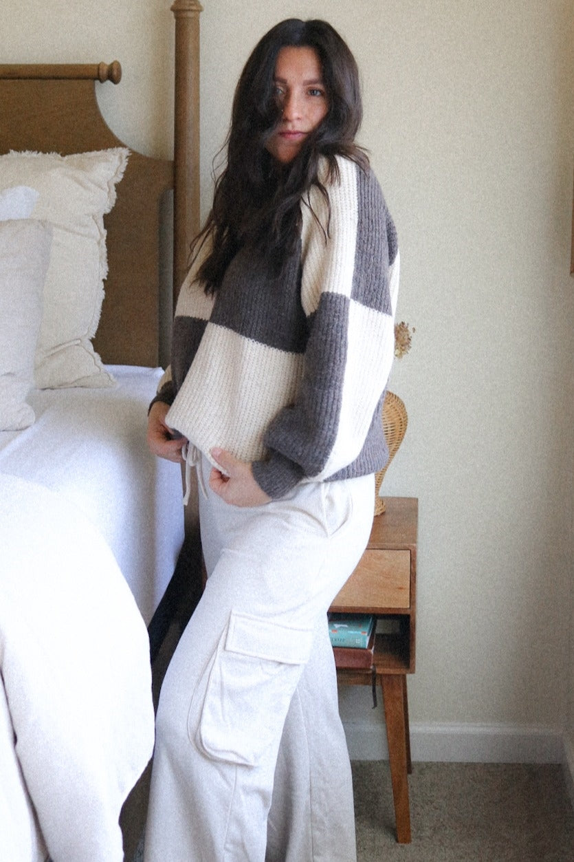 Brown Checkered Long Sleeve Sweater