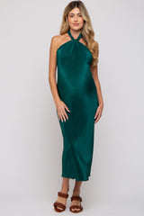 Forest Green Knot Front Plisse Halter Maternity Midi Dress