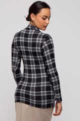 Black Plaid Mock Neck Brushed Long Sleeve Top
