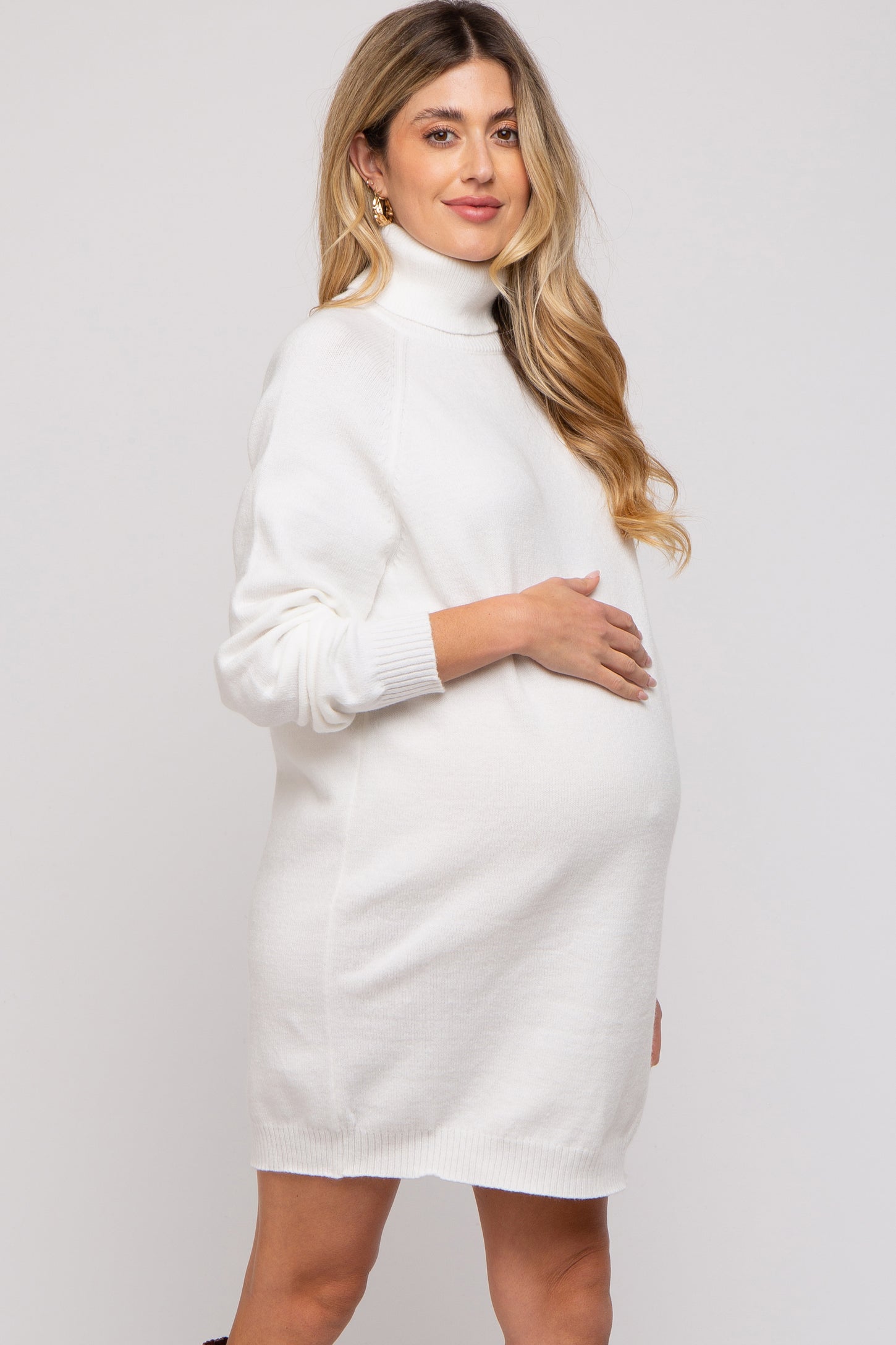 Cream Knit Long Sleeve Turtleneck Maternity Sweater Dress