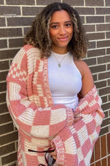 Mauve Checkered Oversized Chunky Knit Cardigan