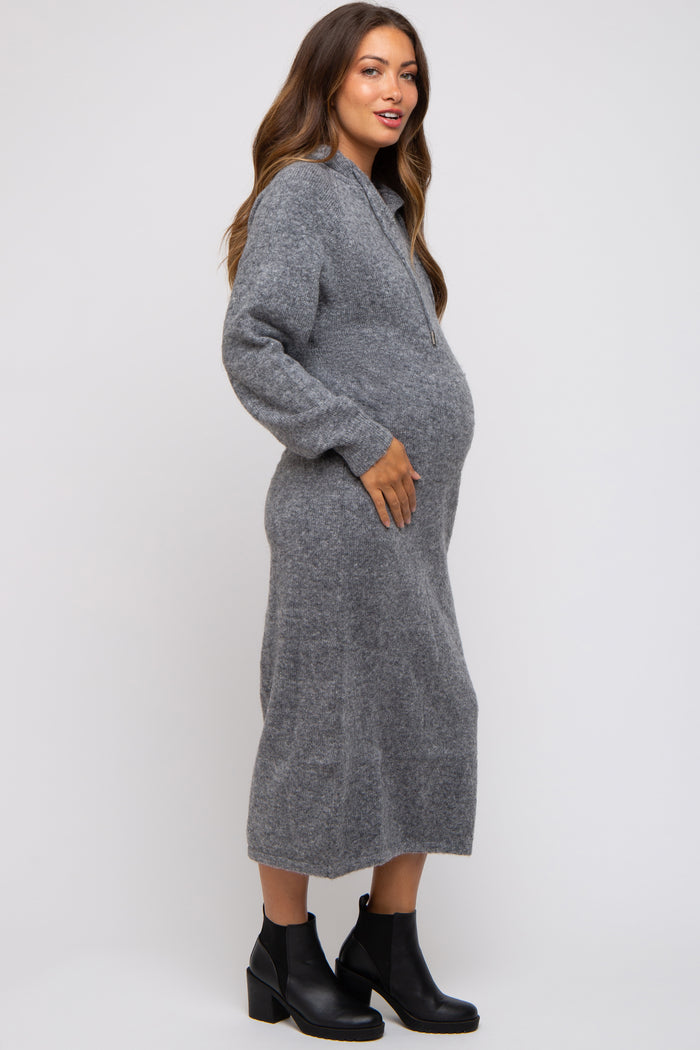 Charcoal Grey Hooded Maternity Sweater Midi Dress