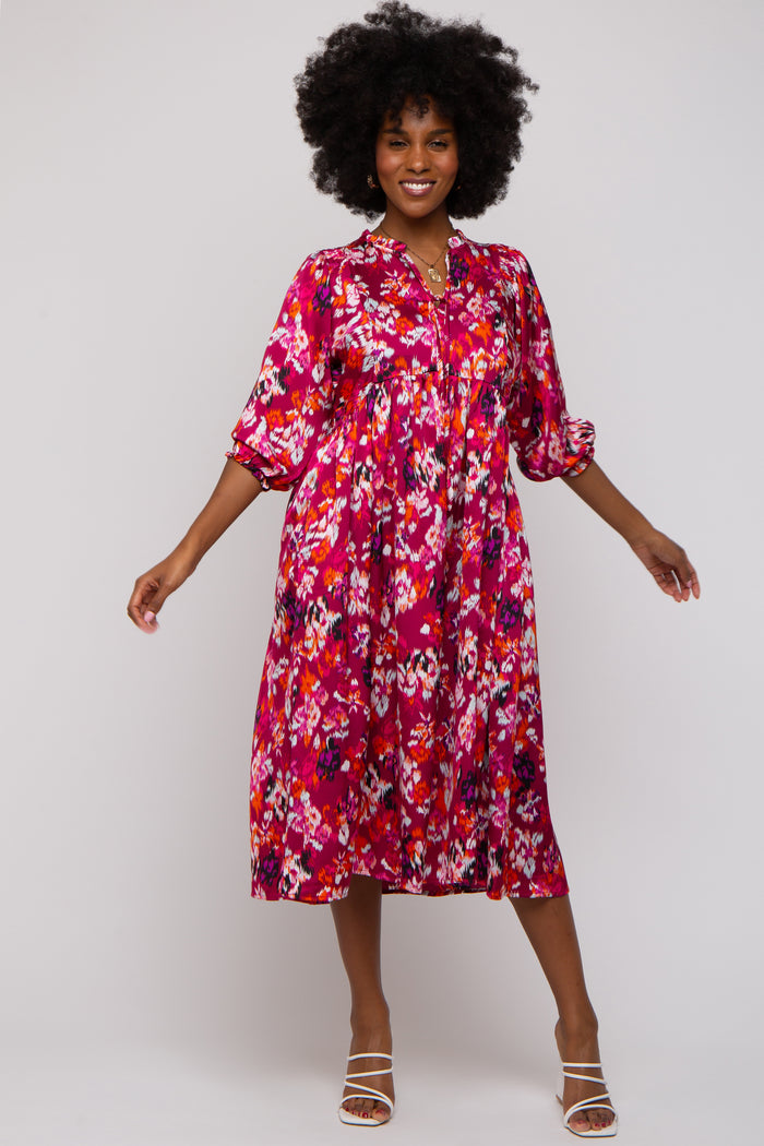 Magenta Floral Satin Ruffle Neck Maternity Midi Dress
