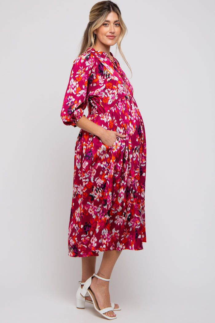 Magenta Floral Satin Ruffle Neck Maternity Midi Dress