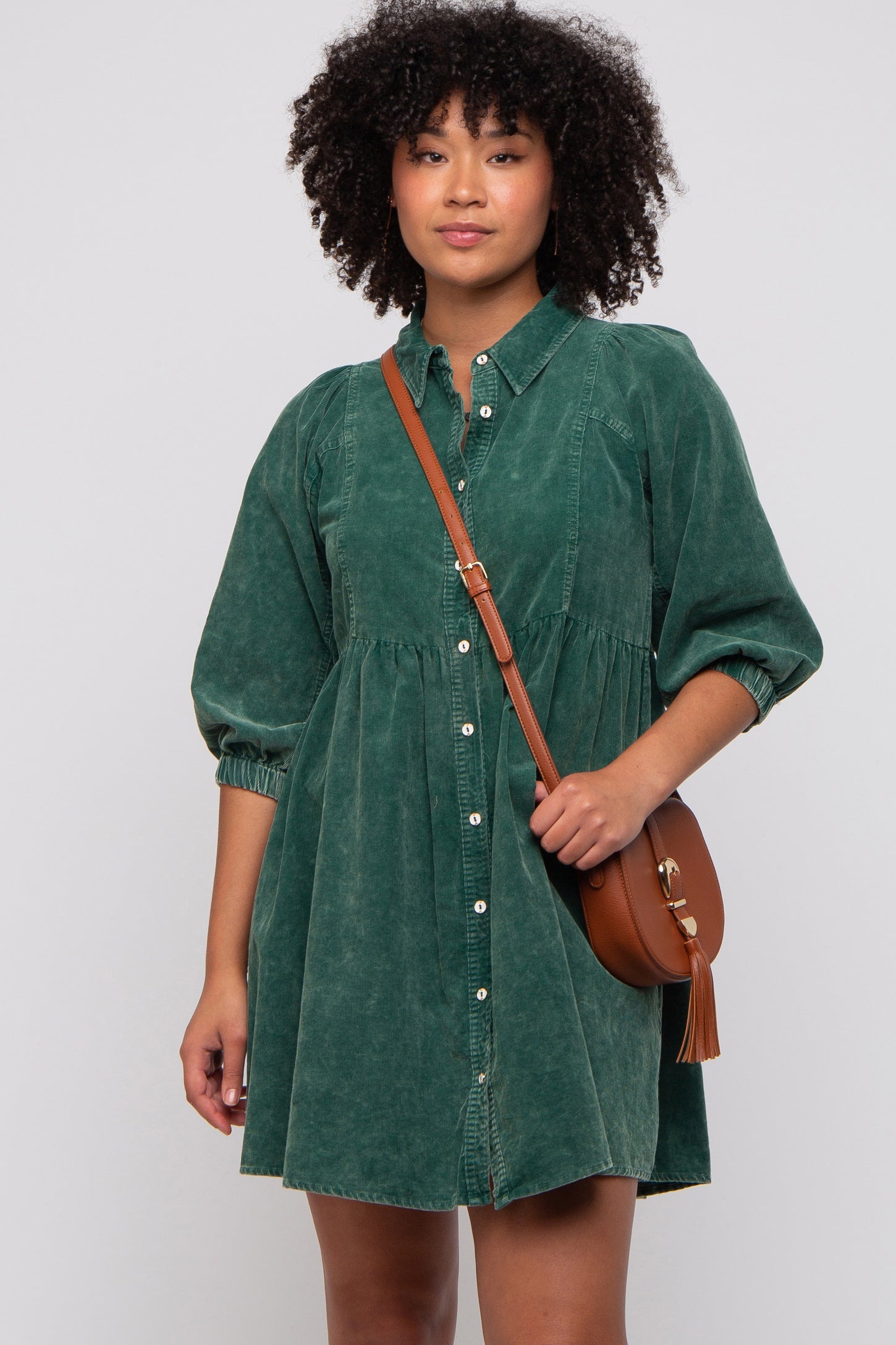 Green Corduroy Button Down Collared Dress