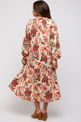Cream Floral Ruffle Neck Tiered Maternity Midi Dress