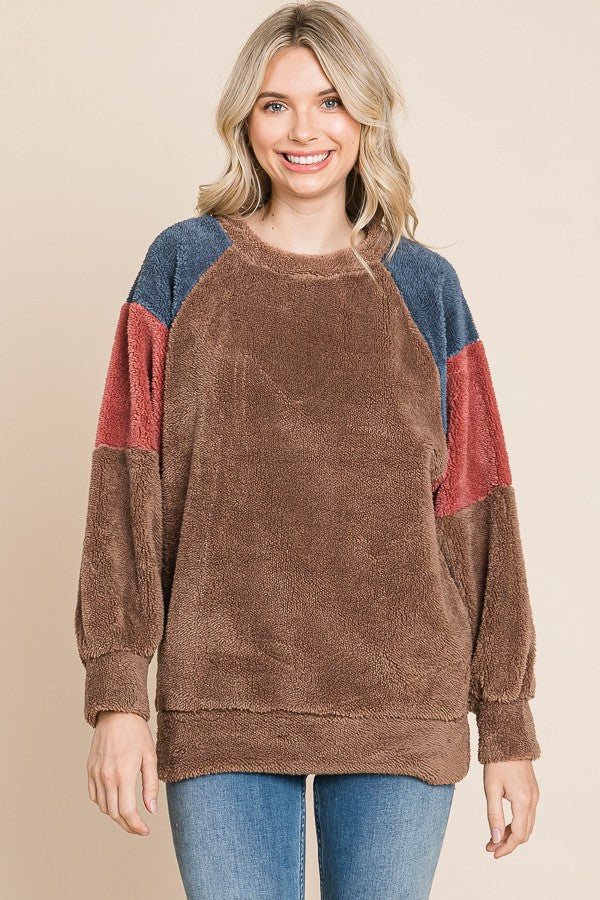 Brown Colorblock Soft Fleece Pullover Maternity Sweater