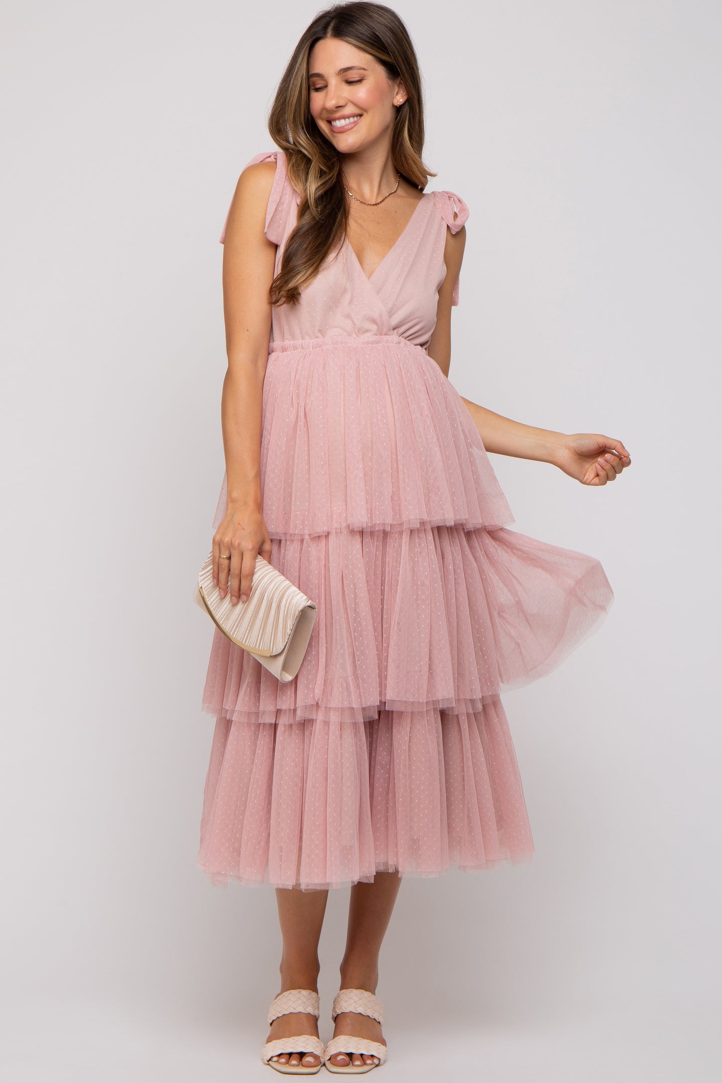 Pink Sleeveless Tiered Tie Strap Tulle Maternity Midi Dress