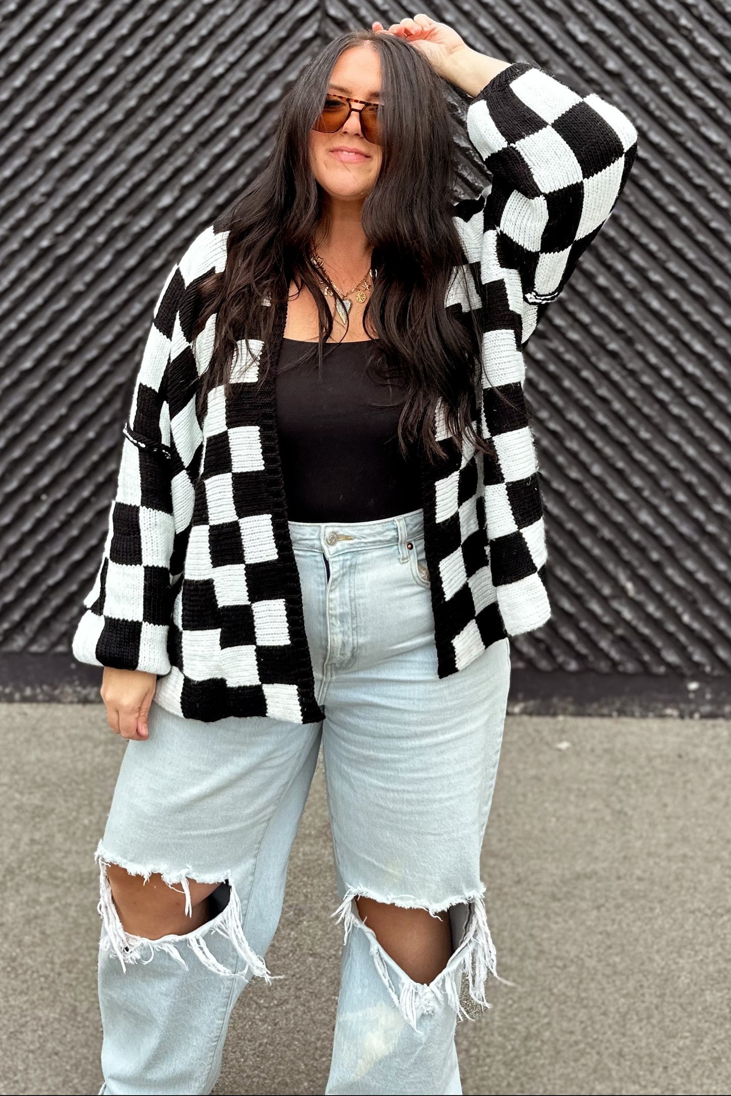 Black Checkered Print Oversized Cardigan