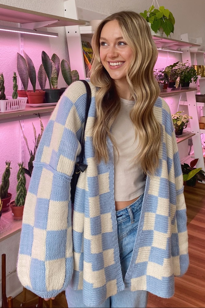 Light Blue Checkered Print Oversized Cardigan