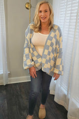 Light Blue Checkered Print Oversized Cardigan
