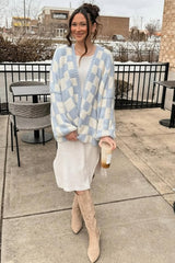 Light Blue Checkered Print Oversized Cardigan