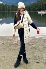 Cream-Black Check Color Block Zip-Up Knit Jacket