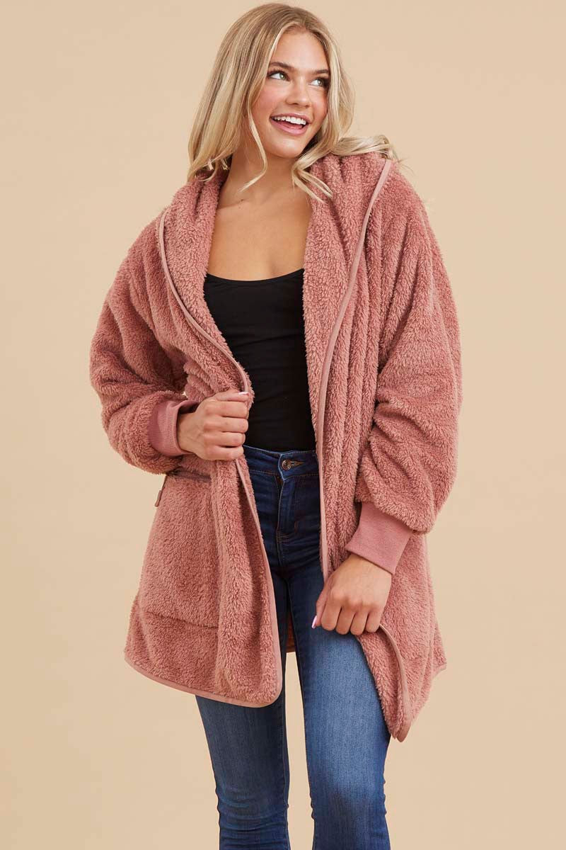 Mauve Fuzzy Knit Hooded Jacket