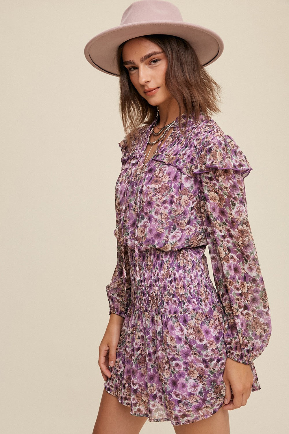 Violet Floral Print Ruffle Smocked Dress