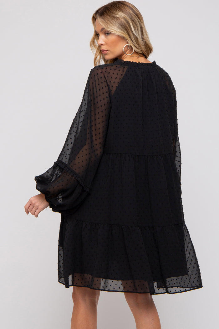 Black Swiss Dot Chiffon Tiered Maternity Dress