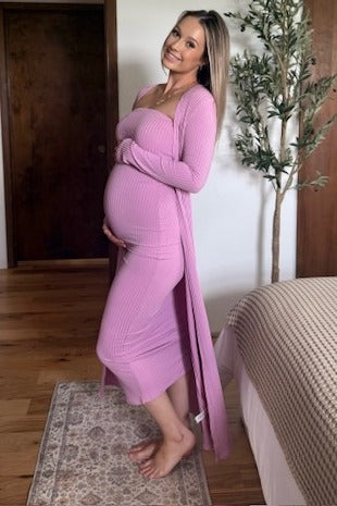 Pink Ribbed Sleeveless Dress Cardigan Maternity Set