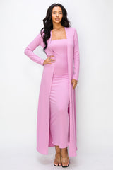 Pink Ribbed Sleeveless Dress Cardigan Set
