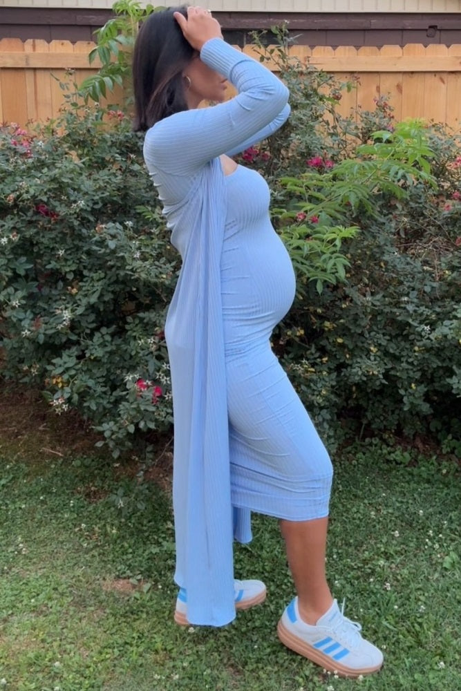 Light Blue Ribbed Sleeveless Dress Cardigan Maternity Set